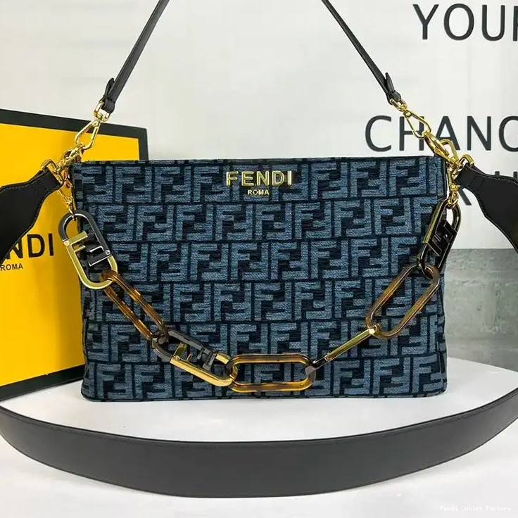 Vintage HOT Tapestry In Zip Fabric Fendi FF Bag Shoulder O'Lock Blue 0618